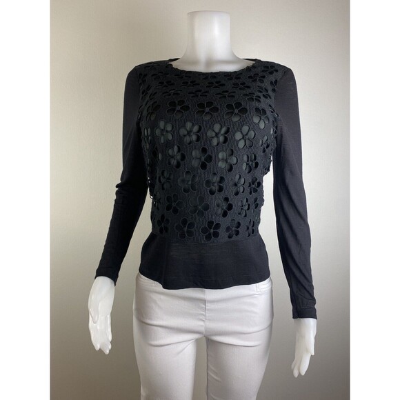 F. Whyci Milano Wool Top Size M Silk Black Blouse Crew Neck Long Sleeves - Picture 2 of 9